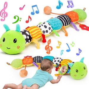 Baby Sensory Toy 0-6 Month Music Animal Stuffed Plush Caterpillar Toy for Infant 0-3-6 Month Tummy Time with Baby Mirror Crinkle Rattle for 6-12 Month Easter Toy for Newborn Boys Girls Birthday Gifts