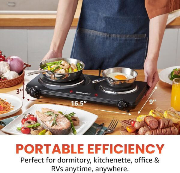 Elite Gourmet EDB-302BF# Countertop Double Cast Iron Burner, 1500 Watts Electric Hot Plate, Temperature Controls, Power Indicator Lights, Easy to Clean, Black - Image 2