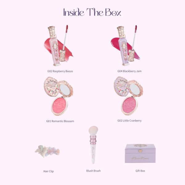 Flower Knows Violet Strawberry Rococo Makeup Box Set, 7 Pack Makeup Box with Mirror, Lip Gloss2, Blush2, Blush Brush1, Hair Clip1, Gift Box1 - Image 2