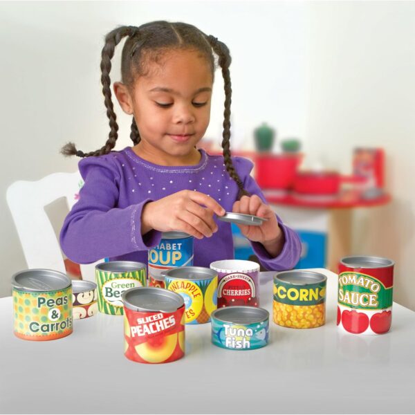 Melissa & Doug Let's Play House! Grocery Cans Play Food Kitchen Accessory ,3+ years- 10 Stackable Cans With Removable Lids - Image 2