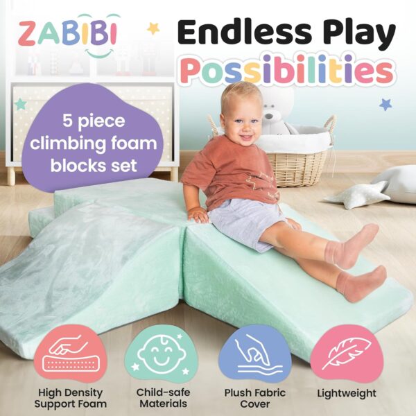 Foam Climbing Blocks for Toddlers - 5 Piece Climb and Crawl Foam Playset with Calming Green Color and Washable Cover - Nonslip Soft Play Climbing for Toddlers, Baby Gym, Toys Indoors - Image 2