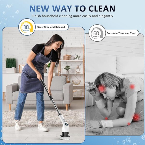 Electric Spin Scrubber, Full-Body IPX7 Waterproof Cordless Power Cleaning Brush with Adjustable Extension Handle, 2-Speed Shower Scrubber with 7 Replaceable Brush Heads for Bathroom, Kitchen Cleaning - Image 2