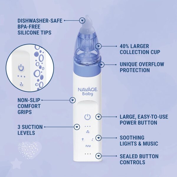 Navage Baby Nasal Aspirator - Gentle, Pediatrician Recommended Nasal Aspirator for Baby Congestion & Stuffy Noses - Baby Nose Sucker w/ Lights, Lullabies & BPA Free Silicone Tips - Image 3
