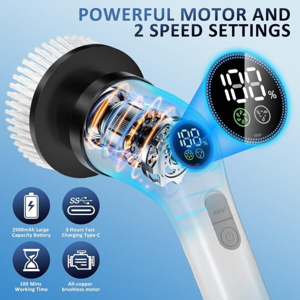 Electric Spin Scrubber, Full-Body IPX7 Waterproof Cordless Power Cleaning Brush with Adjustable Extension Handle, 2-Speed Shower Scrubber with 7 Replaceable Brush Heads for Bathroom, Kitchen Cleaning - Image 3