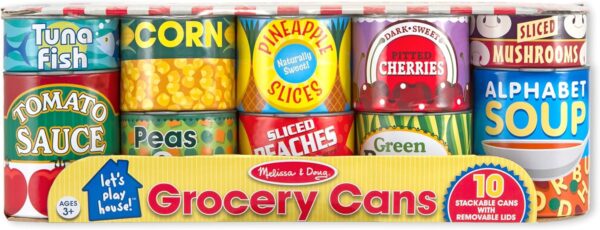 Melissa & Doug Let's Play House! Grocery Cans Play Food Kitchen Accessory ,3+ years- 10 Stackable Cans With Removable Lids - Image 3