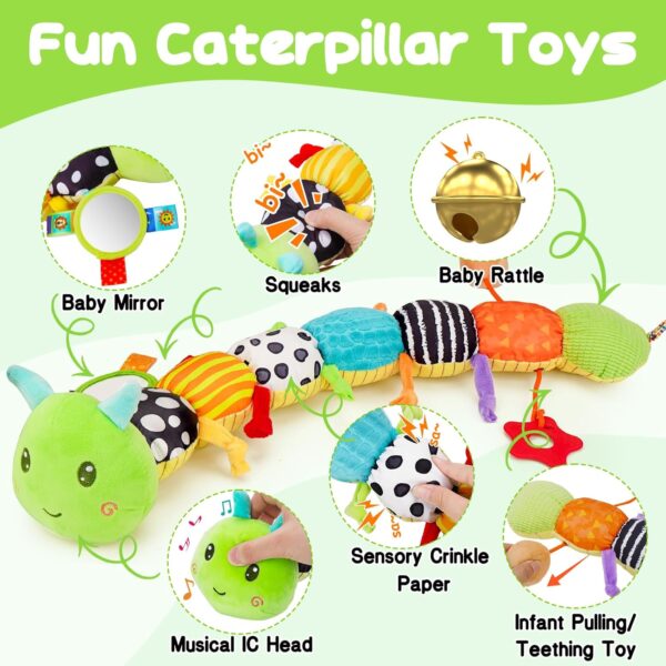 Baby Sensory Toy 0-6 Month Music Animal Stuffed Plush Caterpillar Toy for Infant 0-3-6 Month Tummy Time with Baby Mirror Crinkle Rattle for 6-12 Month Easter Toy for Newborn Boys Girls Birthday Gifts - Image 3