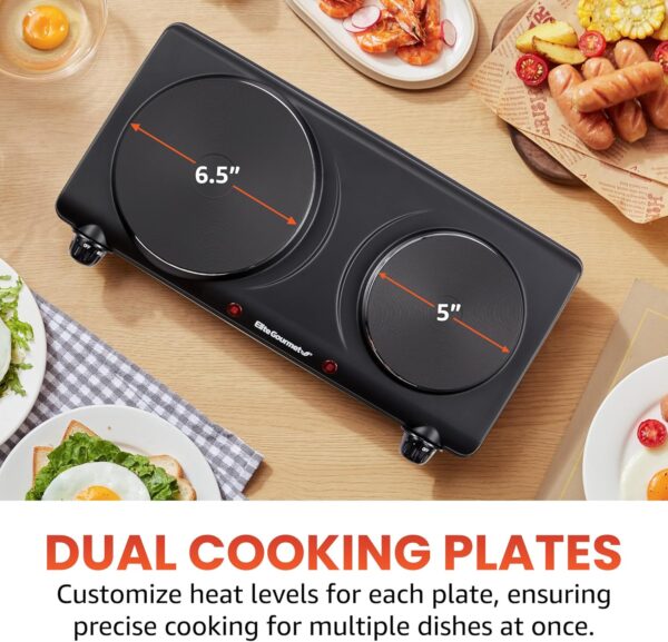 Elite Gourmet EDB-302BF# Countertop Double Cast Iron Burner, 1500 Watts Electric Hot Plate, Temperature Controls, Power Indicator Lights, Easy to Clean, Black - Image 3