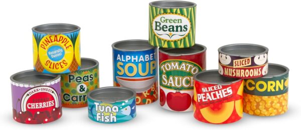 Melissa & Doug Let's Play House! Grocery Cans Play Food Kitchen Accessory ,3+ years- 10 Stackable Cans With Removable Lids - Image 4