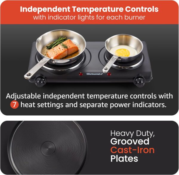 Elite Gourmet EDB-302BF# Countertop Double Cast Iron Burner, 1500 Watts Electric Hot Plate, Temperature Controls, Power Indicator Lights, Easy to Clean, Black - Image 4
