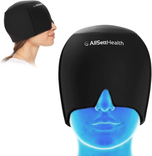 Migraine Relief Cap Ice Head Wrap Headache and Migraine Hat | Headache Relief with Hot/Cold Gel Head Ice Pack with Face and Eye Headache Mask Compress Black - FSA HSA Eligible