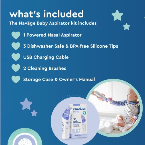 Navage Baby Nasal Aspirator - Gentle, Pediatrician Recommended Nasal Aspirator for Baby Congestion & Stuffy Noses - Baby Nose Sucker w/ Lights, Lullabies & BPA Free Silicone Tips - Image 5