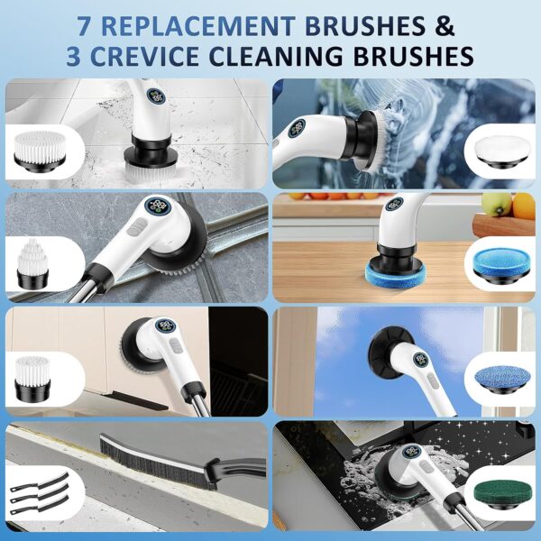 Electric Spin Scrubber, Full-Body IPX7 Waterproof Cordless Power Cleaning Brush with Adjustable Extension Handle, 2-Speed Shower Scrubber with 7 Replaceable Brush Heads for Bathroom, Kitchen Cleaning - Image 5