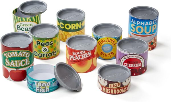 Melissa & Doug Let's Play House! Grocery Cans Play Food Kitchen Accessory ,3+ years- 10 Stackable Cans With Removable Lids - Image 5
