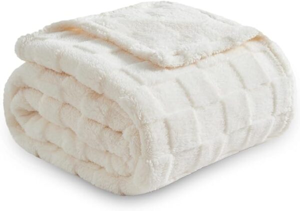 Super Soft Flannel Throw Blanket - Lightweight Checkered Ivory Fleece (50"x70") - Image 3