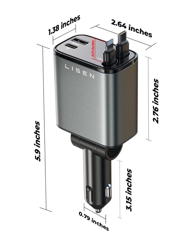LISEN Retractable Car Charger [69W USB C Car Accessories Adapter ] for iPhone 16 USB C Charger Fast Charging, Travel Essentials Gifts for Women Men, Road Trip Essentials for iPhone 16e 16 15 14 13 12 - Image 6