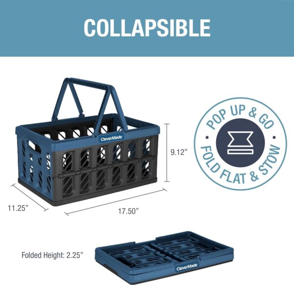 CleverMade Collapsible Shopping Basket, Charcoal, 3PK - 16L (4 Gal) Reusable Plastic Grocery Shopping Baskets, Holds 22lbs Per Basket - Small Foldable Storage Crates with Handles - Image 2