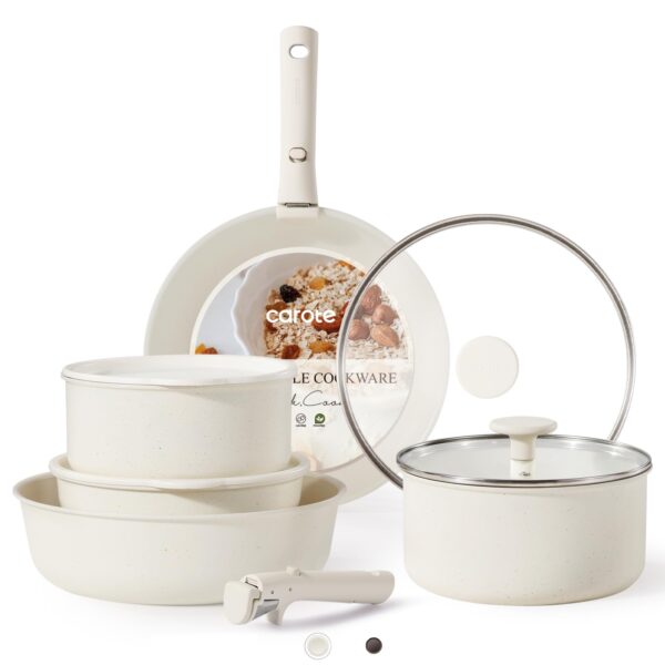 CAROTE Pots and Pans Set Non Stick, Cookware Sets, Kitchen Set, Oven/Fridge Safe, Space Saving Pots Set, Nonstick Cooking Set with Versatile Detachable Handle, Induction RV Set, Cream White - Image 2