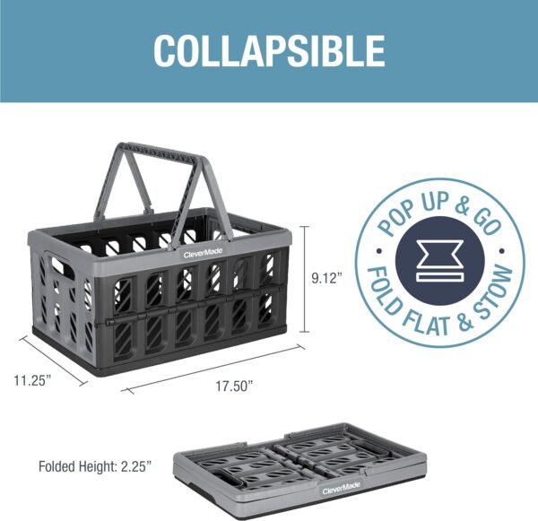 CleverMade Collapsible Shopping Basket, Charcoal, 3PK - 16L (4 Gal) Reusable Plastic Grocery Shopping Baskets, Holds 22lbs Per Basket - Small Foldable Storage Crates with Handles - Image 16