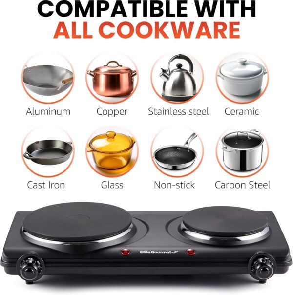 Elite Gourmet EDB-302BF# Countertop Double Cast Iron Burner, 1500 Watts Electric Hot Plate, Temperature Controls, Power Indicator Lights, Easy to Clean, Black - Image 6