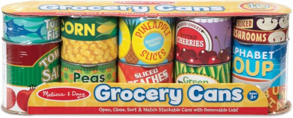 Melissa & Doug Let's Play House! Grocery Cans Play Food Kitchen Accessory ,3+ years- 10 Stackable Cans With Removable Lids - Image 6