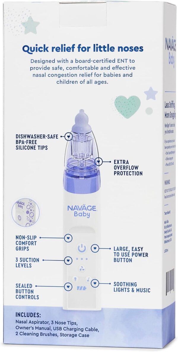 Navage Baby Nasal Aspirator - Gentle, Pediatrician Recommended Nasal Aspirator for Baby Congestion & Stuffy Noses - Baby Nose Sucker w/ Lights, Lullabies & BPA Free Silicone Tips - Image 6