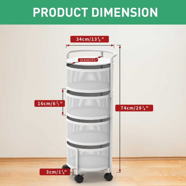 JAQ Rotating Storage Shelves Rack for Kitchen, 4-Tier Multi Layer Removable Basket Shelf Organizer on Rolling Wheels for Fruit Vegetable Grocery Corns Potato Onion (4-Tier, White) - Image 23