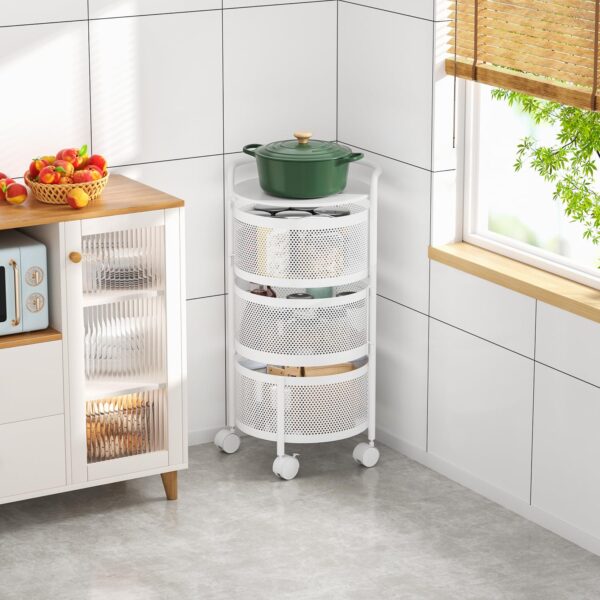 JAQ Rotating Storage Shelves Rack for Kitchen, 4-Tier Multi Layer Removable Basket Shelf Organizer on Rolling Wheels for Fruit Vegetable Grocery Corns Potato Onion (4-Tier, White) - Image 4