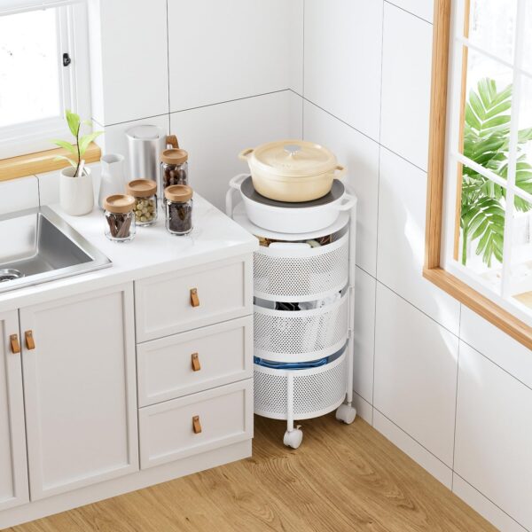 JAQ Rotating Storage Shelves Rack for Kitchen, 4-Tier Multi Layer Removable Basket Shelf Organizer on Rolling Wheels for Fruit Vegetable Grocery Corns Potato Onion (4-Tier, White) - Image 3