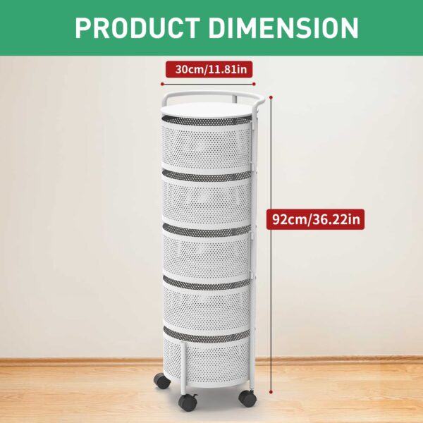 JAQ Rotating Storage Shelves Rack for Kitchen, 4-Tier Multi Layer Removable Basket Shelf Organizer on Rolling Wheels for Fruit Vegetable Grocery Corns Potato Onion (4-Tier, White) - Image 6