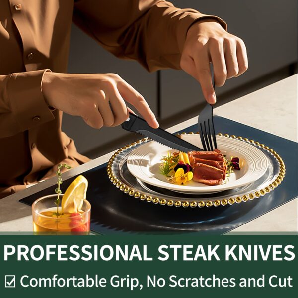 24-Piece Black Silverware Set with Steak Knives, Black Flatware Set for 4, Food-Grade Stainless Steel Tableware Cutlery Set, Mirror Finished Utensil Sets for Home Restaurant - Image 2