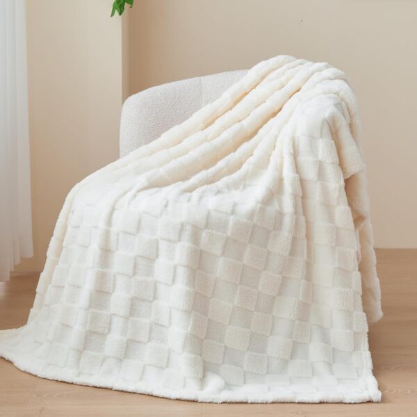 Super Soft Flannel Throw Blanket - Lightweight Checkered Ivory Fleece (50"x70") - Image 8