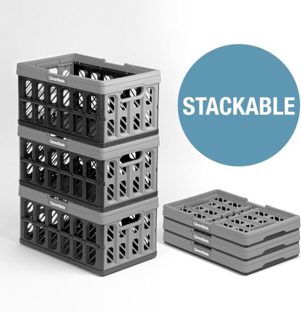 CleverMade Collapsible Shopping Basket, Charcoal, 3PK - 16L (4 Gal) Reusable Plastic Grocery Shopping Baskets, Holds 22lbs Per Basket - Small Foldable Storage Crates with Handles - Image 5