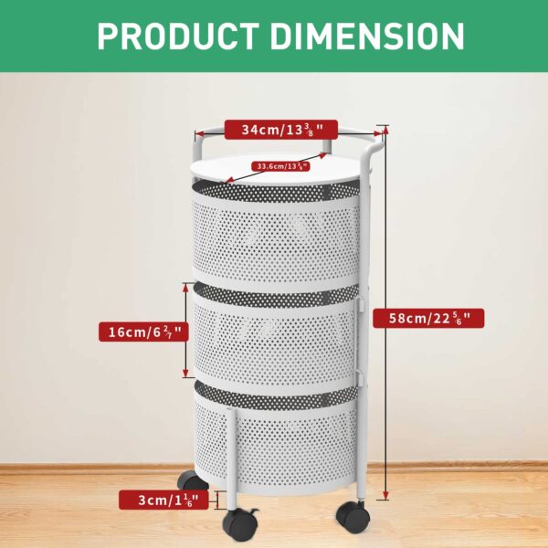 JAQ Rotating Storage Shelves Rack for Kitchen, 4-Tier Multi Layer Removable Basket Shelf Organizer on Rolling Wheels for Fruit Vegetable Grocery Corns Potato Onion (4-Tier, White) - Image 2