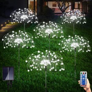 6 Pack Outdoor Solar Garden Lights, 120 LED Waterproof Solar Lamps Decorative, Fireworks Lamp, 8 Modes Landscape Lights with Remote for Pathway Backyard Walkway Patio (Cool White)