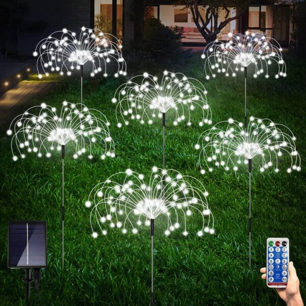 6 Pack Outdoor Solar Garden Lights, 120 LED Waterproof Solar Lamps Decorative, Fireworks Lamp, 8 Modes Landscape Lights with Remote for Pathway Backyard Walkway Patio (Cool White)
