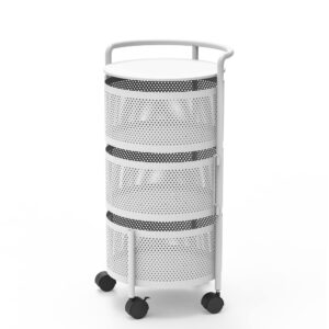 JAQ Rotating Storage Shelves Rack for Kitchen, 4-Tier Multi Layer Removable Basket Shelf Organizer on Rolling Wheels for Fruit Vegetable Grocery Corns Potato Onion (4-Tier, White)