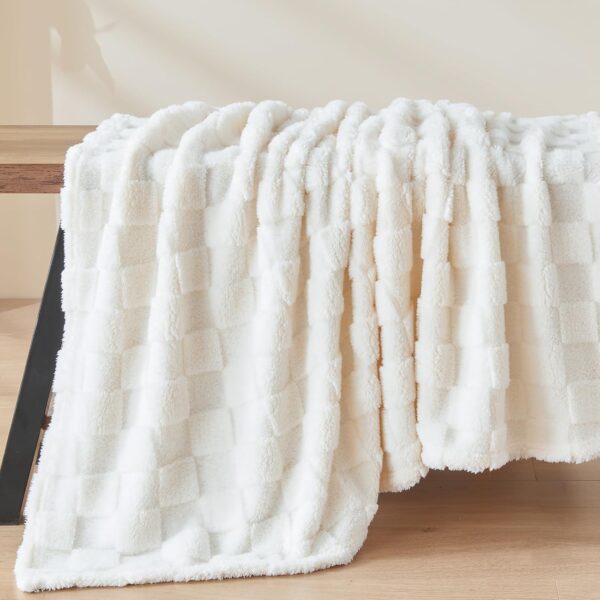 Super Soft Flannel Throw Blanket - Lightweight Checkered Ivory Fleece (50"x70") - Image 7