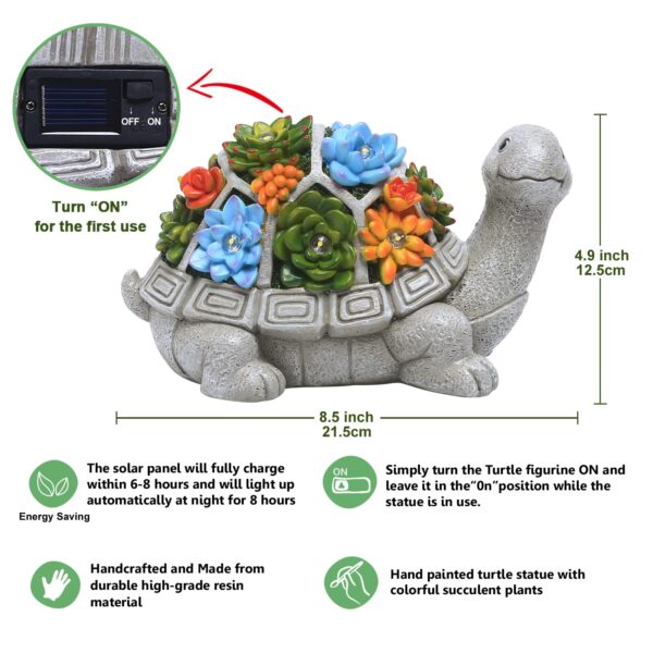 Nacome Solar Garden Outdoor Statues Turtle with Succulent and 7 LED Lights - Lawn Decor Tortoise Statue for Patio, Balcony, Yard Ornament - Unique Housewarming Gifts - Image 4