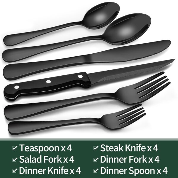 24-Piece Black Silverware Set with Steak Knives, Black Flatware Set for 4, Food-Grade Stainless Steel Tableware Cutlery Set, Mirror Finished Utensil Sets for Home Restaurant - Image 3