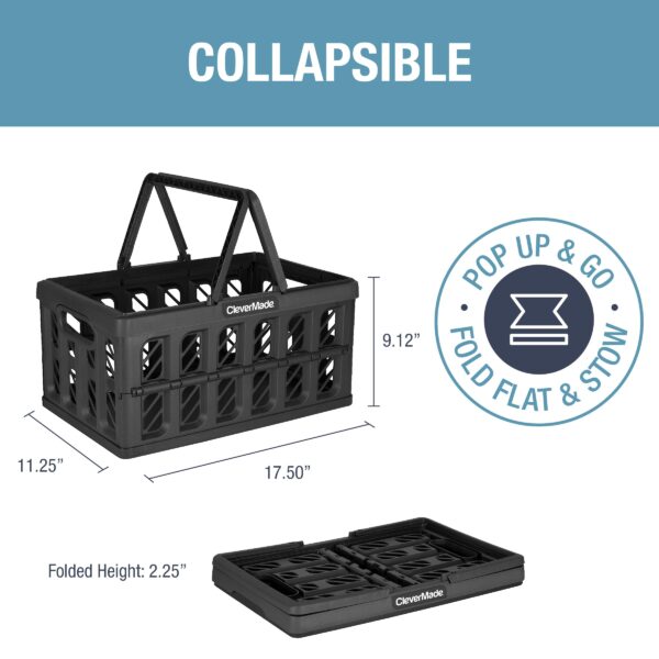 CleverMade Collapsible Shopping Basket, Charcoal, 3PK - 16L (4 Gal) Reusable Plastic Grocery Shopping Baskets, Holds 22lbs Per Basket - Small Foldable Storage Crates with Handles - Image 9