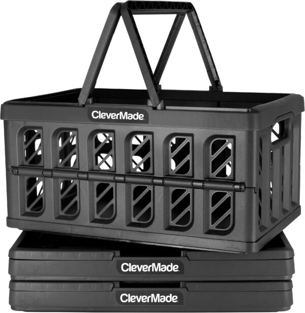 CleverMade Collapsible Shopping Basket, Charcoal, 3PK - 16L (4 Gal) Reusable Plastic Grocery Shopping Baskets, Holds 22lbs Per Basket - Small Foldable Storage Crates with Handles