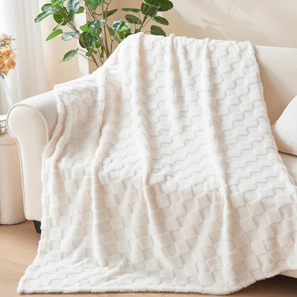 Super Soft Flannel Throw Blanket - Lightweight Checkered Ivory Fleece (50"x70") - Image 4