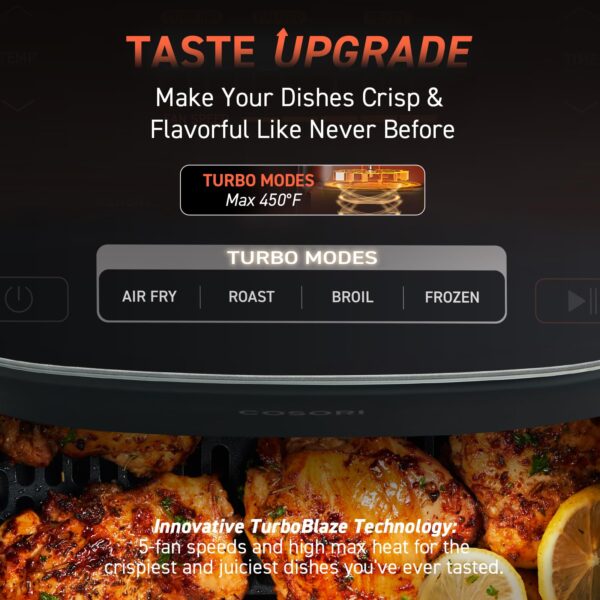 COSORI Air Fryer 9-in-1, Compact & Large 6-Qt, Fast Turbo Modes, 90°–450°F Even Results With Precise Temperature Control, Up to 95% Less Oil*, Roast, Bake, Dry, Reheat, Frozen, Broil, Proof, Grey - Image 4
