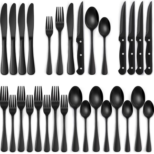 24-Piece Black Silverware Set with Steak Knives, Black Flatware Set for 4, Food-Grade Stainless Steel Tableware Cutlery Set, Mirror Finished Utensil Sets for Home Restaurant - Image 5