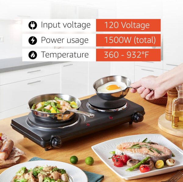 Elite Gourmet EDB-302BF# Countertop Double Cast Iron Burner, 1500 Watts Electric Hot Plate, Temperature Controls, Power Indicator Lights, Easy to Clean, Black - Image 7