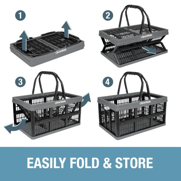 CleverMade Collapsible Shopping Basket, Charcoal, 3PK - 16L (4 Gal) Reusable Plastic Grocery Shopping Baskets, Holds 22lbs Per Basket - Small Foldable Storage Crates with Handles - Image 27