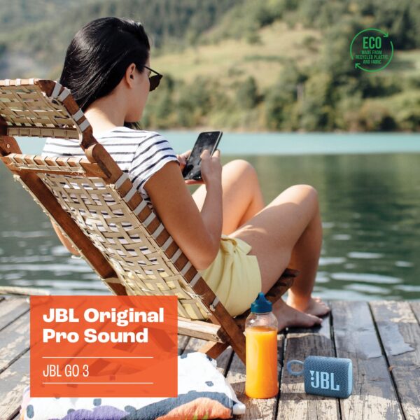 JBL Go 3 Eco - Portable Mini Bluetooth Speaker, big audio and punchy bass, IP67 waterproof and dustproof, 5 hours of playtime, Made in part with recycled materials (Eco Blue) - Image 86