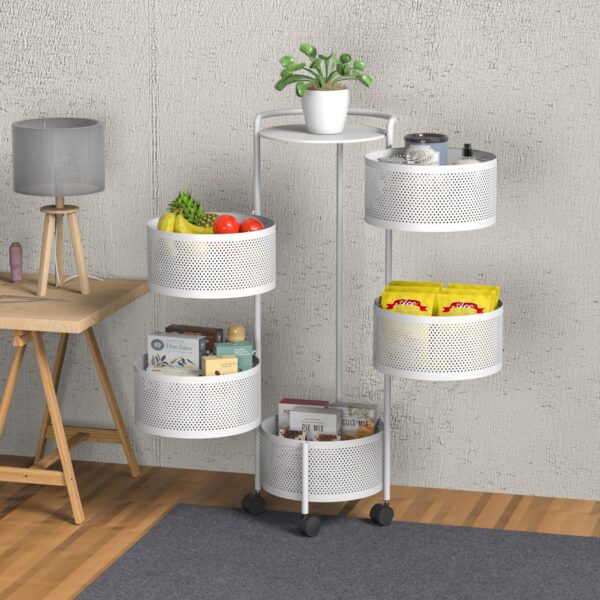 JAQ Rotating Storage Shelves Rack for Kitchen, 4-Tier Multi Layer Removable Basket Shelf Organizer on Rolling Wheels for Fruit Vegetable Grocery Corns Potato Onion (4-Tier, White) - Image 10