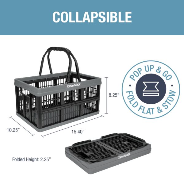 CleverMade Collapsible Shopping Basket, Charcoal, 3PK - 16L (4 Gal) Reusable Plastic Grocery Shopping Baskets, Holds 22lbs Per Basket - Small Foldable Storage Crates with Handles - Image 23