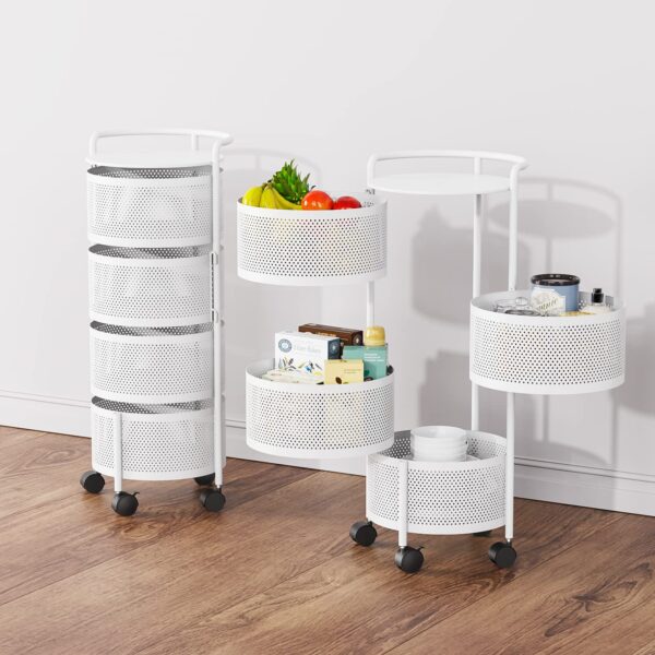 JAQ Rotating Storage Shelves Rack for Kitchen, 4-Tier Multi Layer Removable Basket Shelf Organizer on Rolling Wheels for Fruit Vegetable Grocery Corns Potato Onion (4-Tier, White) - Image 27